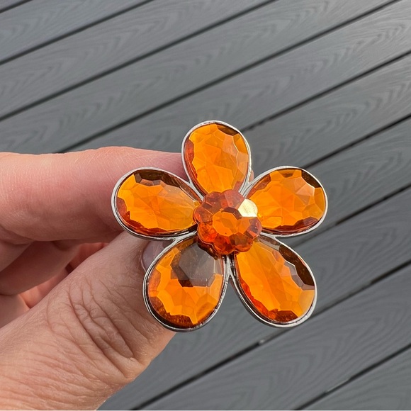 Amber Orange Floral Brooch Pin Rhinestone Flower Metallic Retro Statement - Picture 3 of 16